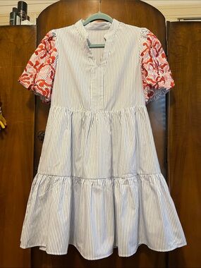 Women’s Blue-White Striped Tiered Dress with Red Puff Sleeves Medium
